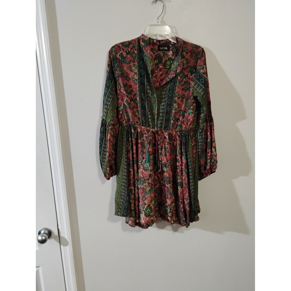 Fab'rik Womens XS Boho Paisley Floral Mini Dress Pink Green Balloon Sleeve Vneck